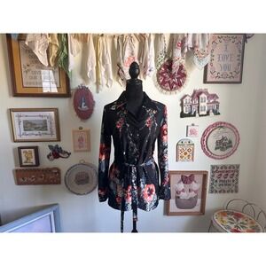 70's vintage Sears black floral print button down blouse with matching belt